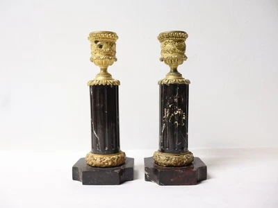 Anciens Bougeoirs bronze or moulu et porphyre style Gustavien Suède XVIII-XIXe - Photo 1/4