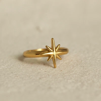 Yellow Gold Starburst Design Rings 925 Silver North Star Rings Celestial Jewelry - Image 1 of 4