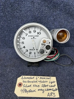 Auto Meter Monster Tach Tachometer SPORT-COMP Silver 10K RPM W/ Shift Light - Image 1 of 4