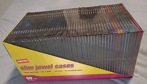 Staples Slim Jewel 50 Cases 40 Clear 10 Assorted Colors 5 MM Thick CD/DVD Sealed - Picture 1 of 6