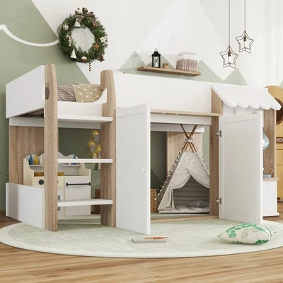 3ft Single Wooden Mid-Sleeper Kids Toddler Loft Cabin Bed with Storage Cabinets - Image 1 of 4