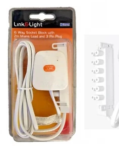 6 WAY SOCKET BLOCK 2M LINK LEAD CONNECTOR UNDER KITCHEN CABINET STRIP LIGHT PLUG - Picture 1 of 6