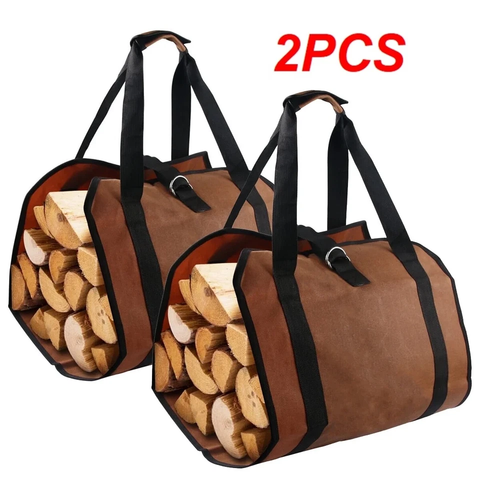 2PCS Firewood Log Carrier Bag Heavy Duty Waxed Canvas Tote Holder for Camping - Image 1 of 4