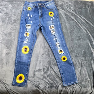 Distressed Sunflower Denim Jeans Size L Lots of Beautiful Flaws W/Sunflowers. - Picture 1 of 16