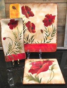 Pier 1 Imports Mohnblumen Teller, Kachel & Löffel Rest 3 Stück - Bild 1 von 4