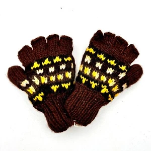 100% Wool Gloves Fingerless Mitten Text Fleece Lined Hand Knit Brown Ski Sherpa - Picture 1 of 7