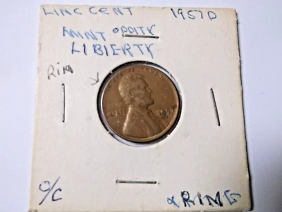 1957 D  Lincoln Cent 3 Errors O/C, Bie, lump on Wheat - Image 1 of 4