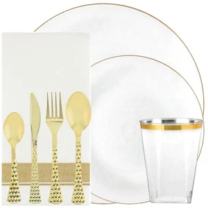 240 Piece Disposable Plastic Plates Dinner Set  Hammered White Gold Rim for 30 - Picture 1 of 9