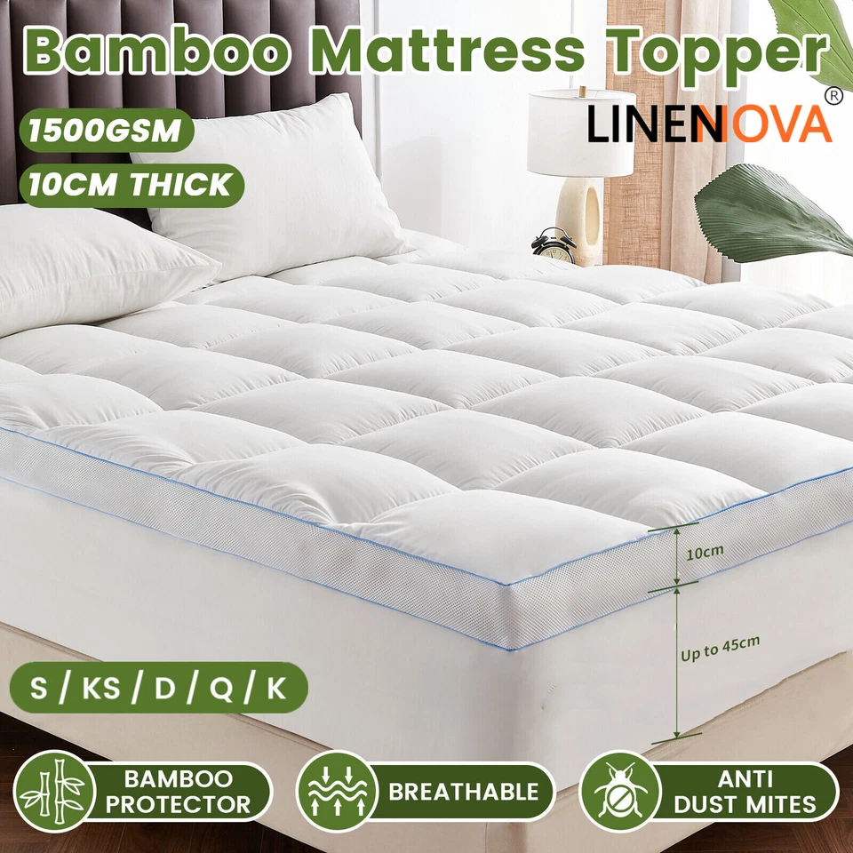 1500GSM Bamboo 10CM Thick Mattress Topper Extra Soft S/D/Queen/King Bed Size New - image 1 of 4
