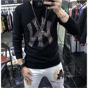 New Men Luxury Diamond Rhinestones Fashion Black Hoodie High Quality - Picture 1 of 4