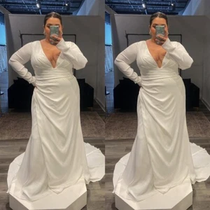Plus Size Wedding Dresses Chiffon V Neck Sexy Long Sleeves Beach Bridal Gowns - Picture 1 of 11