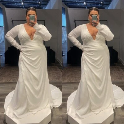 Plus Size Wedding Dresses Chiffon V Neck Sexy Long Sleeves Beach Bridal Gowns - Image 1 of 4