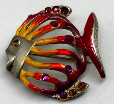 Broche prendedor Chico's Tropical Multicolor Púrpura Rosa Tono Plata Estrás Pez Foto 1 de 4