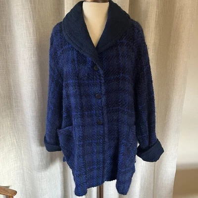 Boyne Valley Weavers Sweater Jacket Ireland Button Front Oversized Blue Plaid M - Image 1 of 4