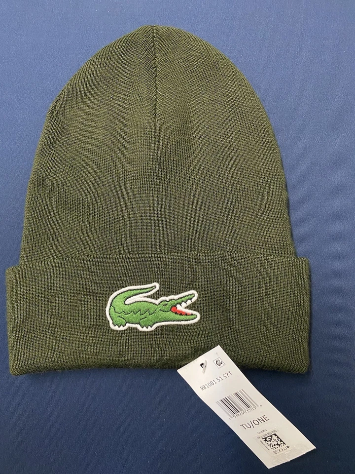 Adulto Unisex Lacoste Big Croc Hombre’s Mezcla de Lana Tejido Gorro Sombrero Verde Foto 1 de 3