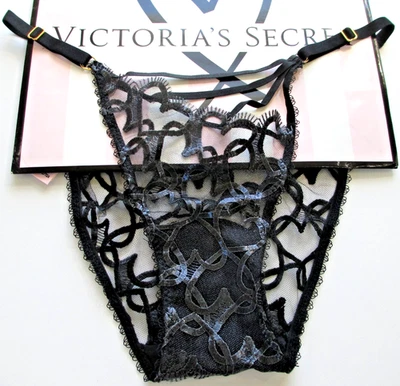 VICTORIA'S SECRET MUY SEXY Tanga Bikini Panty Negro Brillo Corazones Encaje S M L XL Foto 1 de 4
