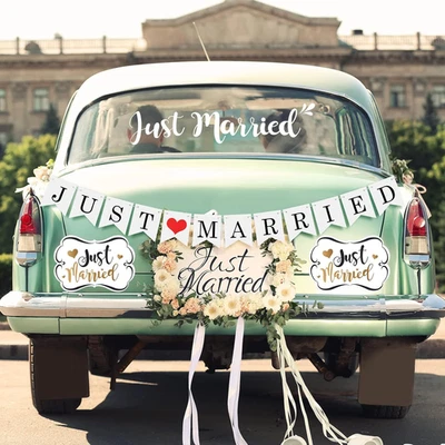 4 Sets Just Married Car Decorations – Magnets, Decals, Banner for Wedding - Image 1 of 4