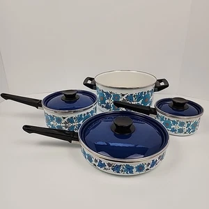 Vintage Farmhouse Enamelware Cook Set Floral Flower Blue 8 Piece Set Pots Pans  - Picture 1 of 14