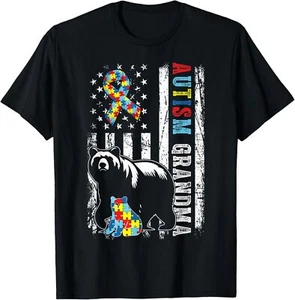 Autism Grandma Bear With Puzzles & USA Flag Distressed T-Shirt Hoodie - Picture 1 of 13
