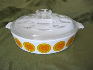 Vintage Pyroflam Auflaufform, Auflaufschale Glasdeckel 70er Jahre orange Kreise - Bild 1 von 2