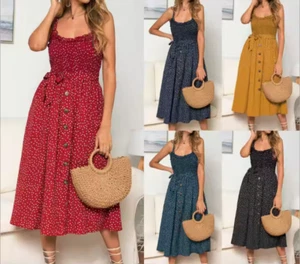 Women Boho Polka Dot Maxi Dress Ladies Summer Holiday Beach Sleeveless Sundress - Picture 1 of 12