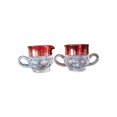 Vintage King's Crown Tiffin Franciscan Ruby Thumbprint Creamer & Sugar Bowl Set - Image 1 of 4