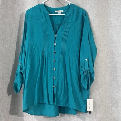 NUEVO CON ETIQUETAS - Blusa grande con botones Studio Works para mujer - verde selva tropical/azul Foto 1 de 4