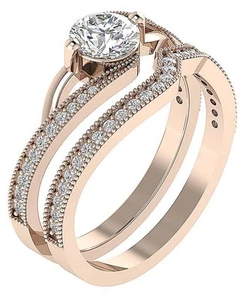Genuine Diamond 1.50 Ct Bridal Wedding Ring Set 9.20mm 14K Rose Gold Prong Set - Picture 1 of 10