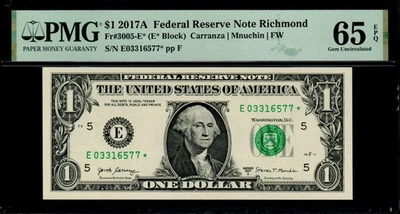 2017A $1 RICHMOND STAR NOTE PMG 65 EPQ 2nd Printing 250K Print Run Fr 3005-E* - Image 1 of 3
