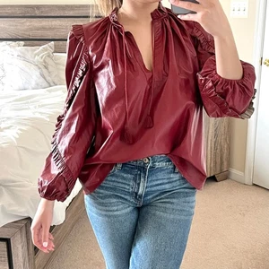NEW Olivaceous Red Faux Leather Ruffle Top S Fringe Tassles 80s 90s - Picture 1 of 10