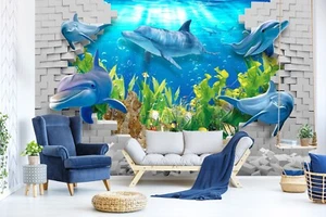 3D Ocean Dolphin 7432 Wallpaper Mural Wall Print Wall Wallpaper Murals US Coco - Picture 1 of 11