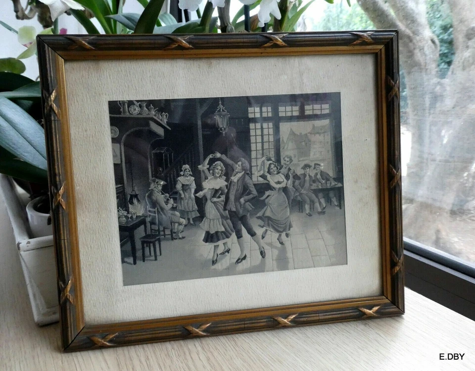 ANCIEN TABLEAU SOIE TISSEE NF ST ETIENNE FRANCE DANSES VILLAGEOISES - Photo 1/3