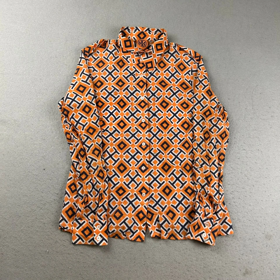 Tory Burch Shirt Womens Medium Orange Geometric Cotton Long Sleeves Button Up * - Image 1 of 4