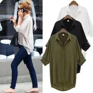 Women Long Sleeve Lapel Collar Casual Shirt Top Chiffon Top Blouse White/Black - Picture 1 of 3