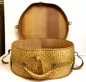 Vintage Nähkorbtasche mit Strohstickerei Reiseetui, Hut Tragetasche - Bild 1 von 9