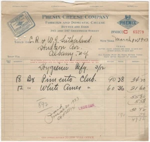 1923 Phenix Cheese Co. New York Illustrated Food Dairy Vintage Original Billhead - Bild 1 von 1