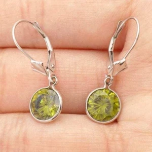 14K White Gold Bezel Round Simulated Peridot Dangle Drop Lever Back Earrings 1" - Picture 1 of 5