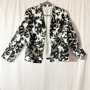 Sag Harbor Women’s Size 12 Black And White Floral Open Front Long Sleeve Blazer - Picture 1 of 5