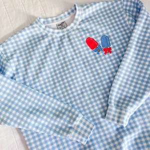Living Fully Co. Sweatshirt Damen LARGE blau Gingham Popsicles Mallory Ervin - Bild 1 von 8