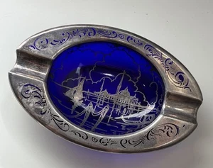 Vintage Venetian Ashtray Cobalt Blue Glass With Silver Overlay Marked Italy - Picture 1 of 5
