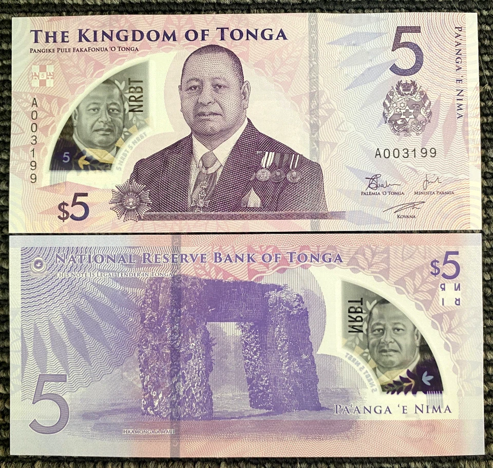 Billete de polímero Reino de Tonga 5 Pa'anga 2023-2024 papel moneda mundial UNC Foto 1 de 1