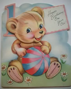 50er Jahre Bär bewegliche Teile Baby erster 1. Geburtstag Grußkarte *A5 - Bild 1 von 6