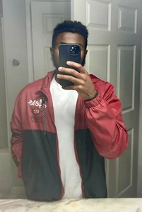 Aero Nylon Windbreaker Jacket Shiny Hooded Glanz Aeropostale Red Black Small - Picture 1 of 12