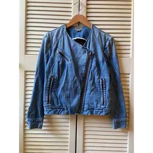 Helmut Lang Asymmetrical Blue Denim Jean Jacket Zip Motorcycle Style Size Small - Picture 1 of 11