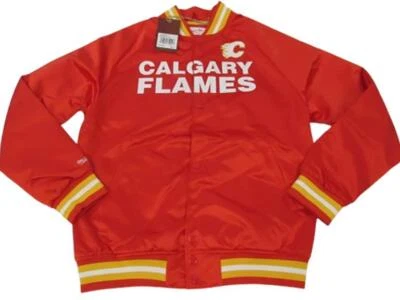 New Calgary Flames Mens Mitchell & Ness Light Weight Satin Snap Jacket Coat $120 - Image 1 of 4
