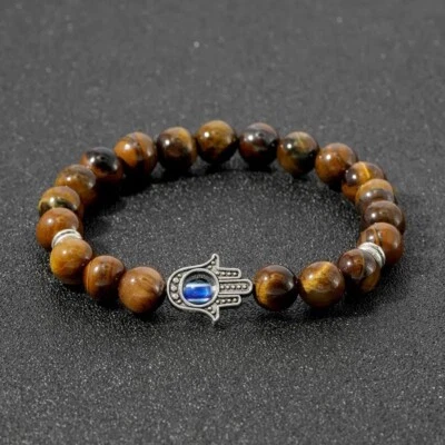 Natural Tiger Eye Stone Beaded Bracelet for Men Women Heeling Evil Eye Bangle - Imagem 1 de 4