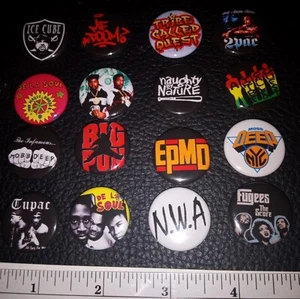 16 Old School Hip Hop Button Pins Badges Au Tang Clan ATCQ De La Soul EPMD - Picture 1 of 1