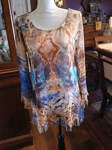 Top/túnica Mushka by Sienna para mujer S semi transparente manga 3/4 flecos multicolores - Imagen 1 de 9