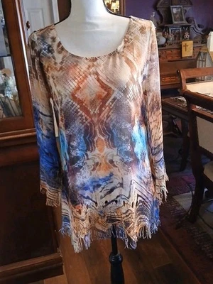 Top/túnica Mushka by Sienna para mujer S semi transparente manga 3/4 flecos multicolores Foto 1 de 4