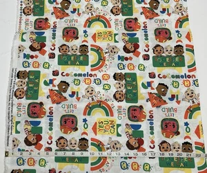 NEW cotton fabric half yard  CoComelon Characters and Quotes on White Background - Picture 1 of 2